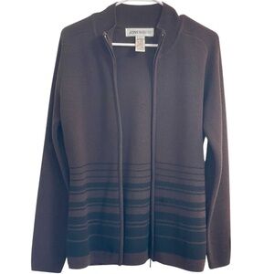 Jones & Co 100% Merino Wool Brown Striped Full-Zip Cardigan Sweater Women Small